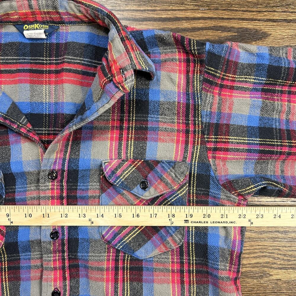 Vintage OshKosh B'Gosh Mens Large Plaid Flannel Button Down Shirt Blue Red Grey - Picture 8 of 11